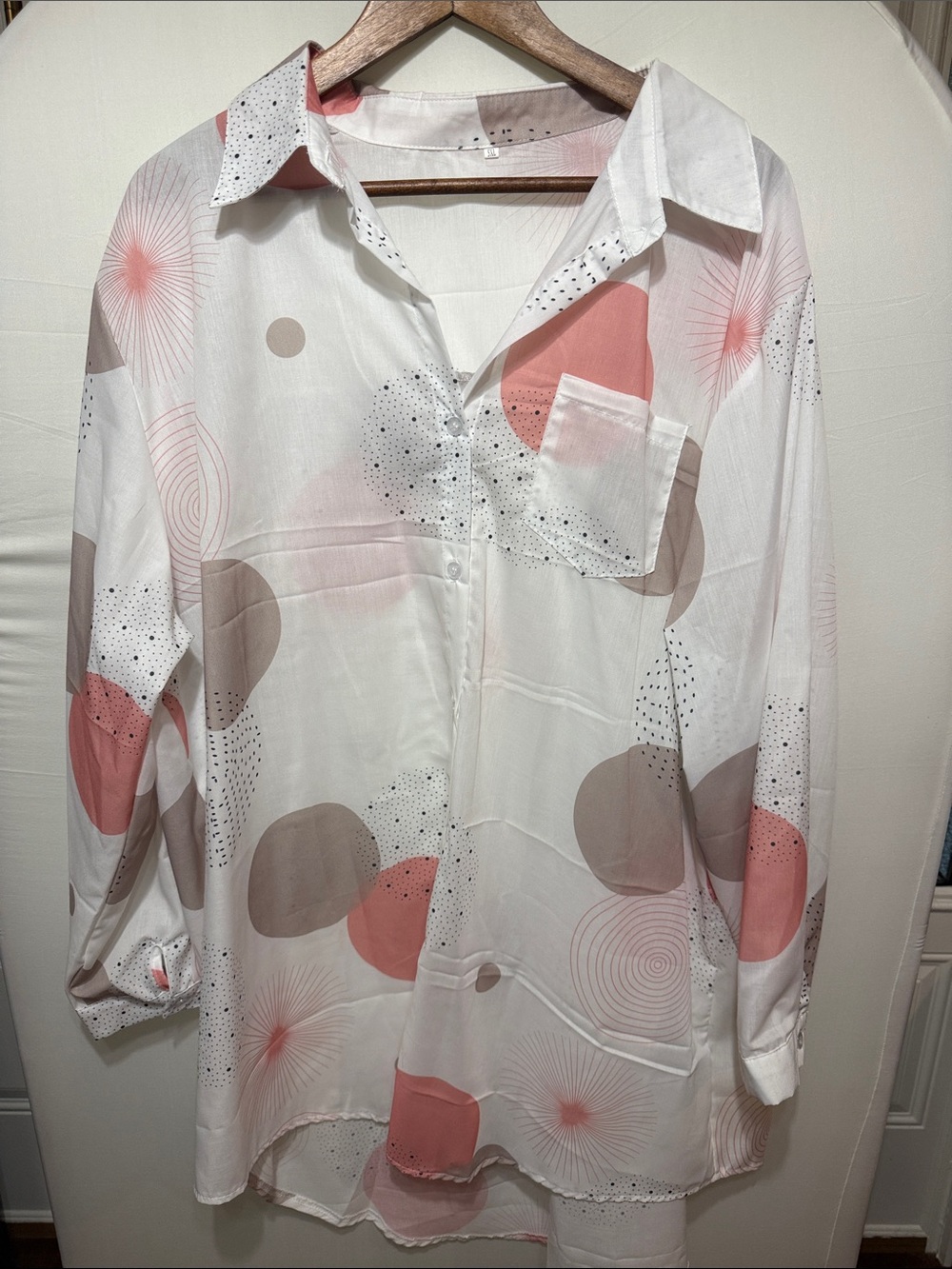 Lightweight White Button-Up Blouse with Blush and Taupe Circles